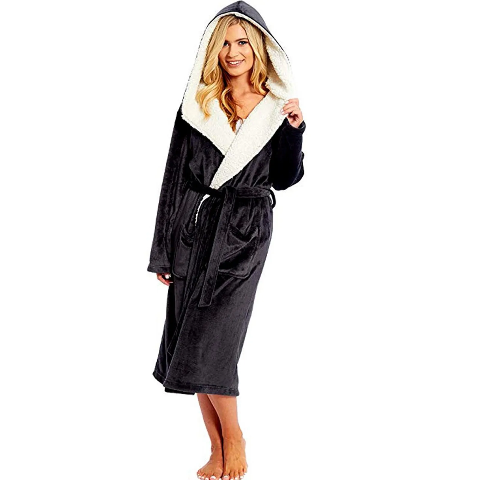 Thick Women Warm Winter Hooded Fleece Gown Plush Lengthened Shawl Bathrobe Home Clothes Long Sleeved Robe Female Nightwear Coat