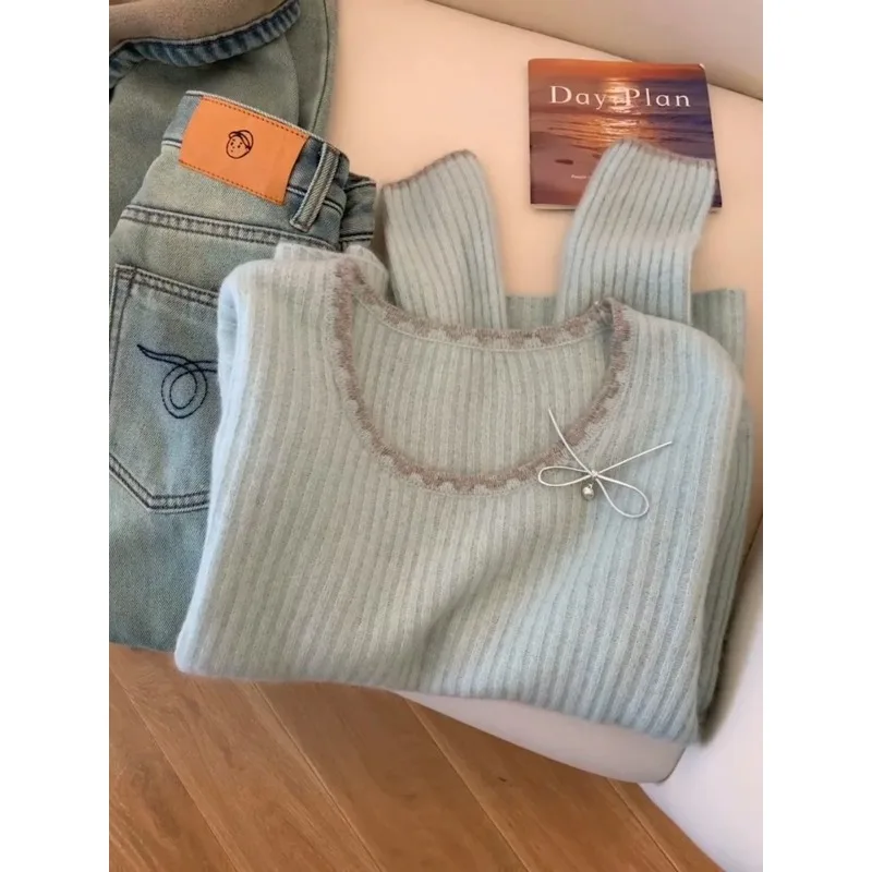 Suéter azul leche suave y glutinoso para mujer en otoño e invierno, suéter de estilo coreano suave, camisa básica