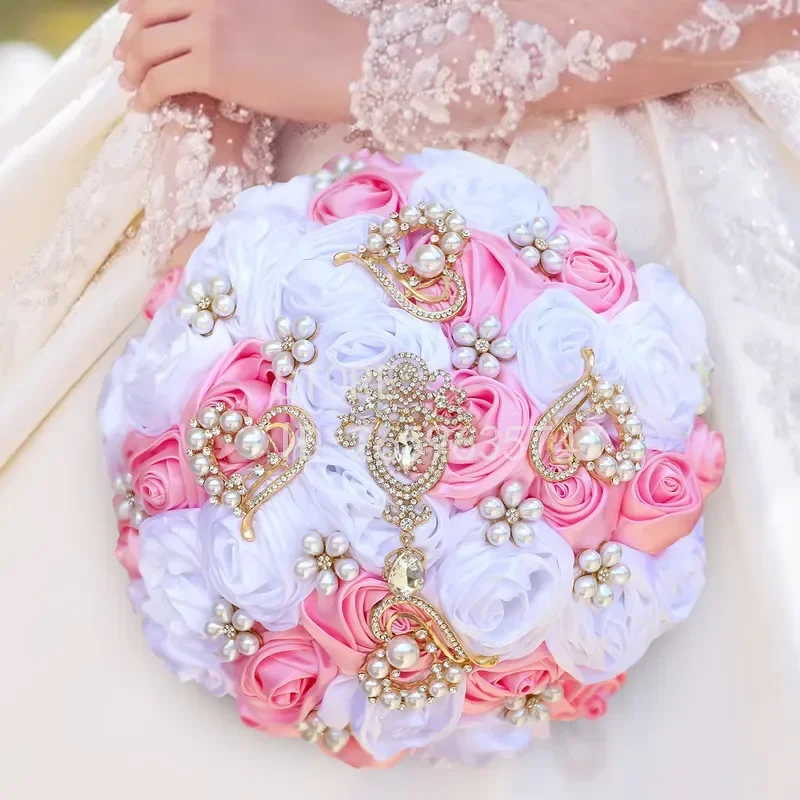 for European American Rhinestone Bride Bridesmaids Romantic Pink Bouquet Rhinestone Ribbon DIY Wedding Bouquet W719C