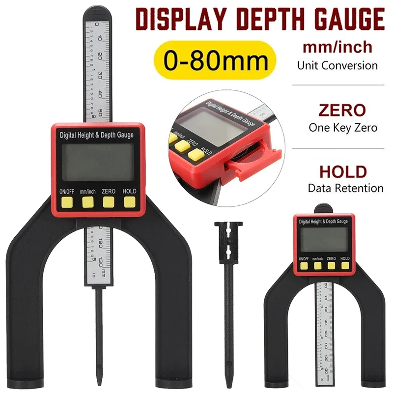 

0-80mm Digital Depth Gauge Altimeter LCD Caliper Magnetic Feet Woodworking Ruler Horizontal Vertical Measuring Tool Router Table