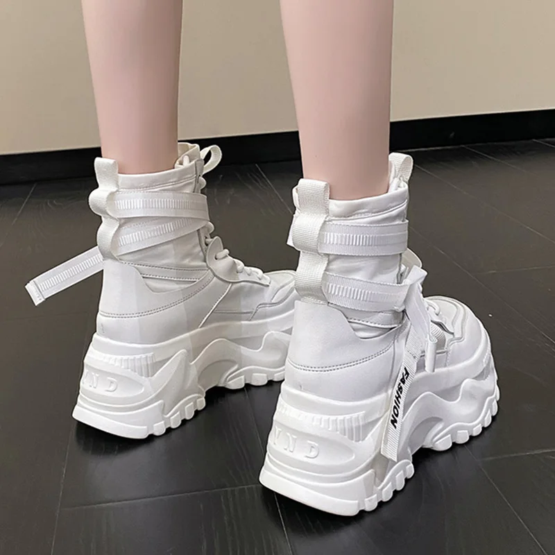 Fashion Women Chunky Platform Motorcycle Boots White Lace Up Thick Bottom Shoes Woman Autumn Winter Ankle Botas De Mujer 2022