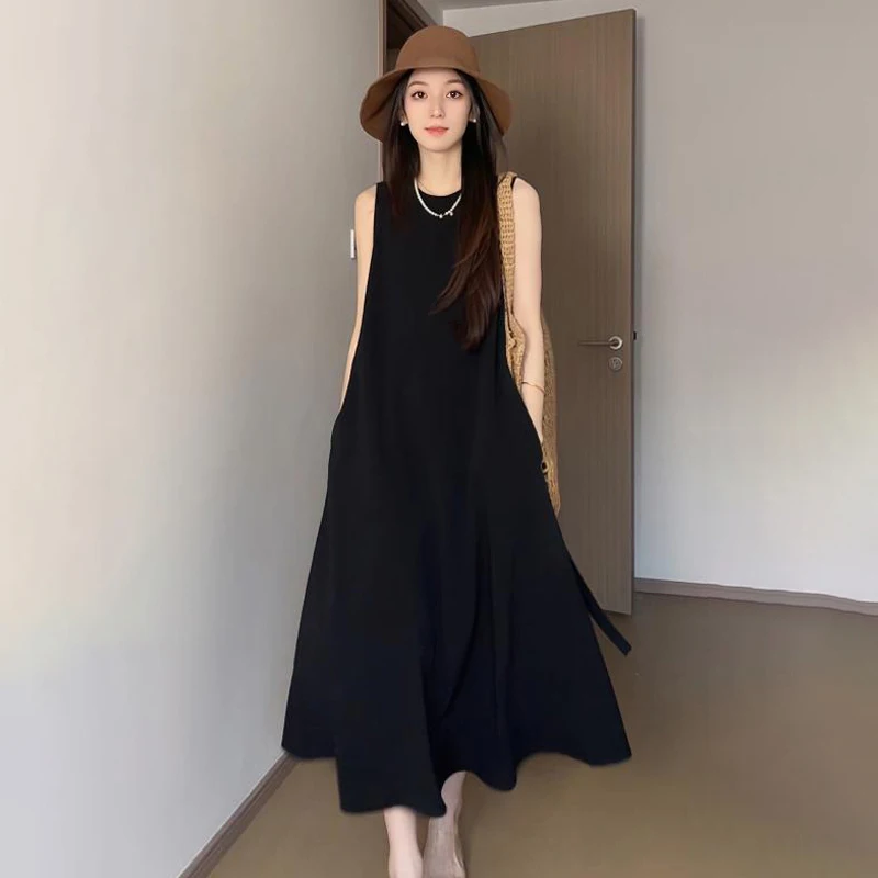 French Solid Color Women Dress Simple Basic Sleeveless Female Elegant Dresses