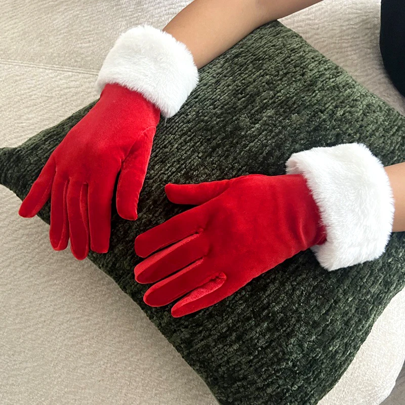 Christmas Red Velvet Mittens Evening Stage Performance Etiquette Gloves Cosplay White Plush Autumn Winter Warm Short Gloves