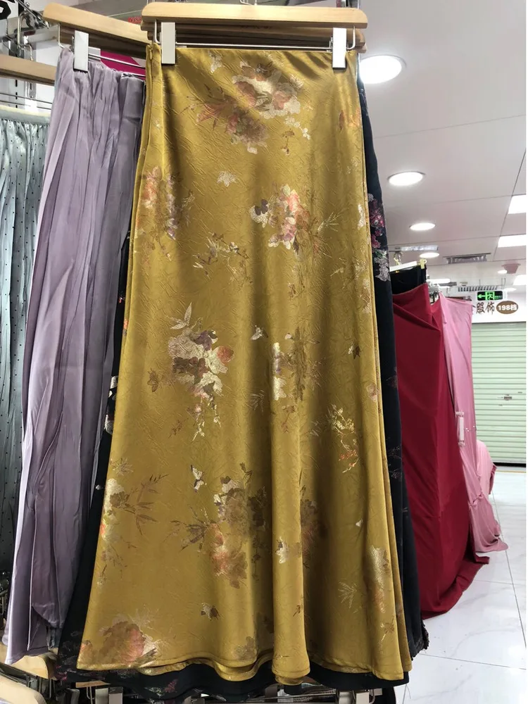 New 2026 Women's Summer Elegant Gold Embossed Printed Satin Skirt Chinese Style Bodycon Fishtail Long Skirt