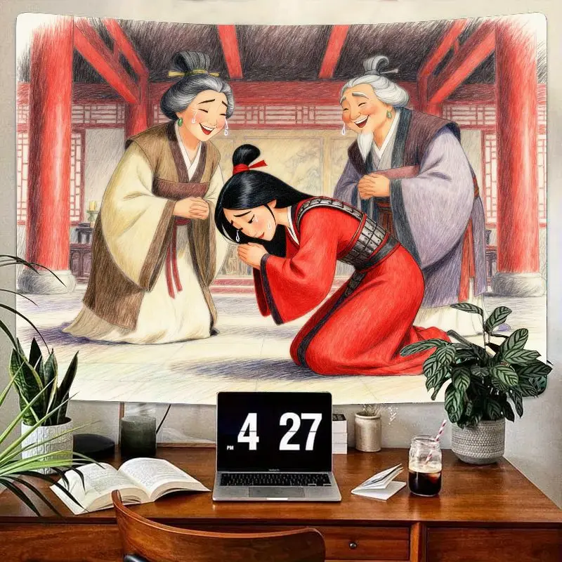 

1 шт. Мулан домашний гобелен, эмоциональный китайский воин-героиня, воссоединение семьи, полиэстер, настенное искусство для гостиной, спальни, деко