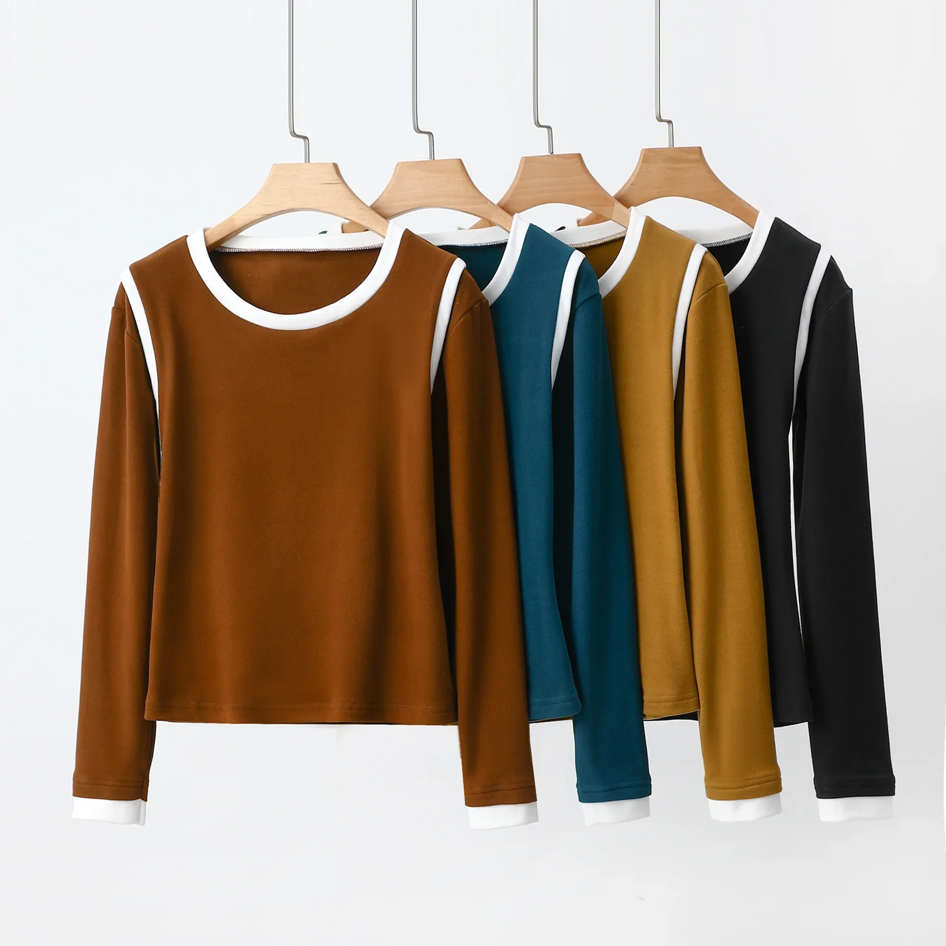 O-Neck Color Mix fleece T-shirt Long sleeves Autum Slim Fit Bottoming Tshirts Women's Tee Tops fashion Top All match