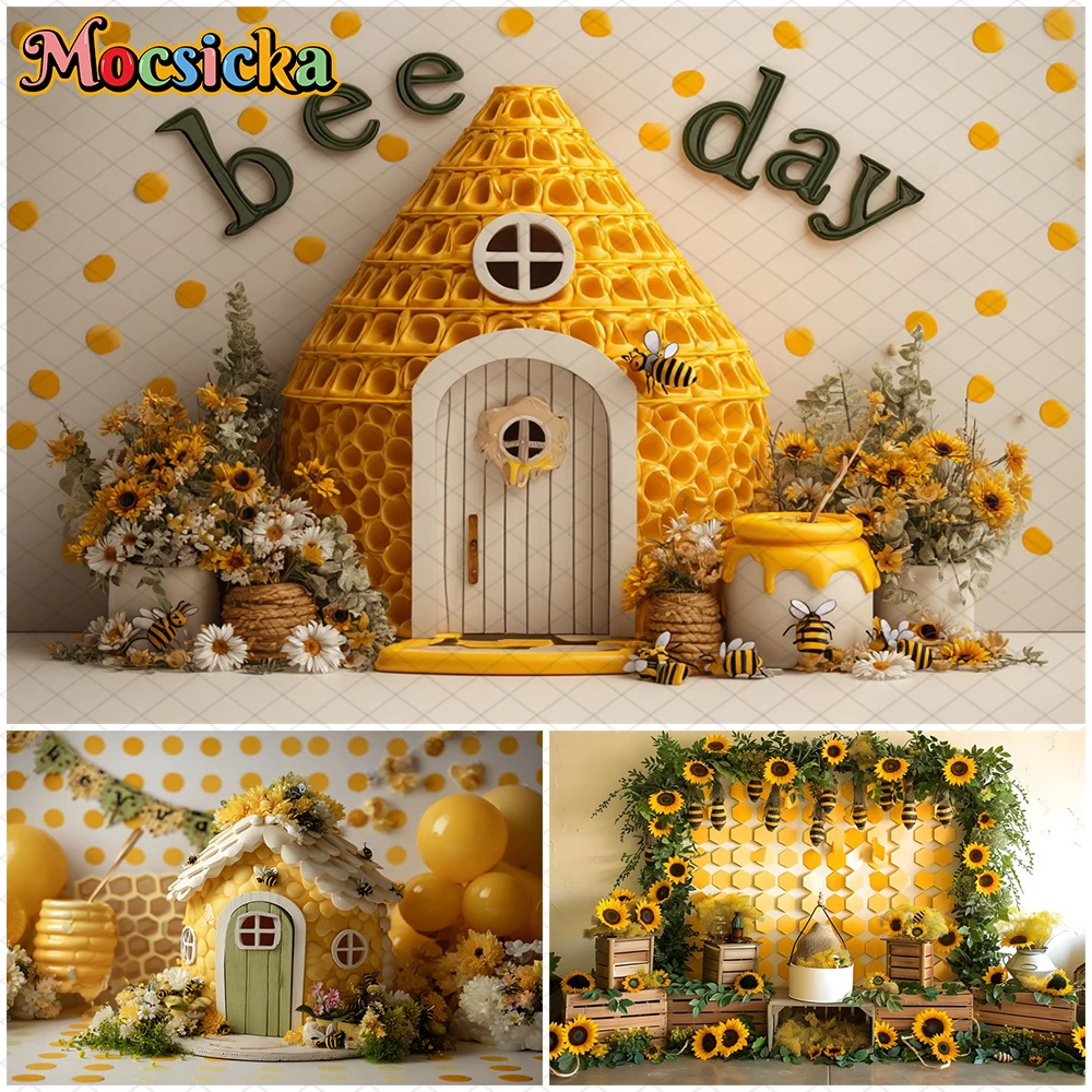 

Mocsicka Spring Photo Backdrop Easter Yellow Honey House Sunflower Flowers Bee Decorations Child Birthday Photography Background