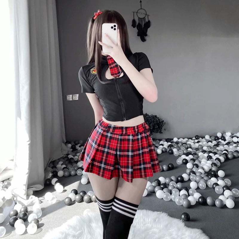 Sexy JK Cosplay Tartan Japanese Schoolgirl Porn Uniform Lingerie Set Embroidery Pleated Role Playing Costume With Plaid Skirt