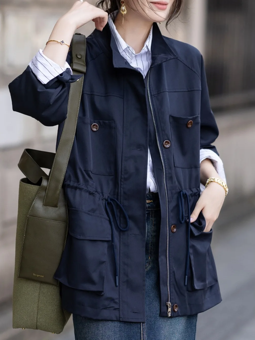 SuperAen Fashionable Zipper Stand-up Collar Trench Coat for Women Autumn New Loose and Slimming Oversize Casual Cardigan Coats