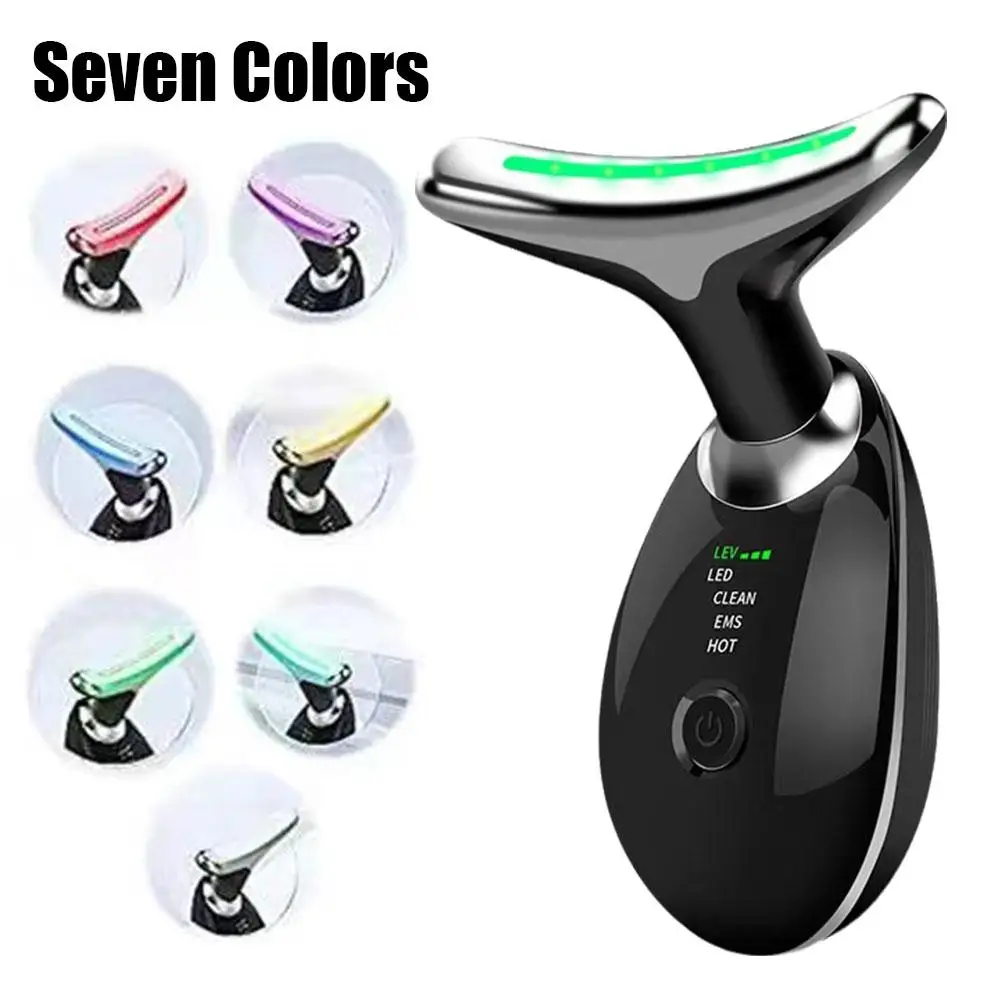 Neck Face Lifting 7 Color LED Photon Therapy Heating Microcurrent EMS Vibration V Line Chin Facial Slimmer Anti Wrinkle Massager