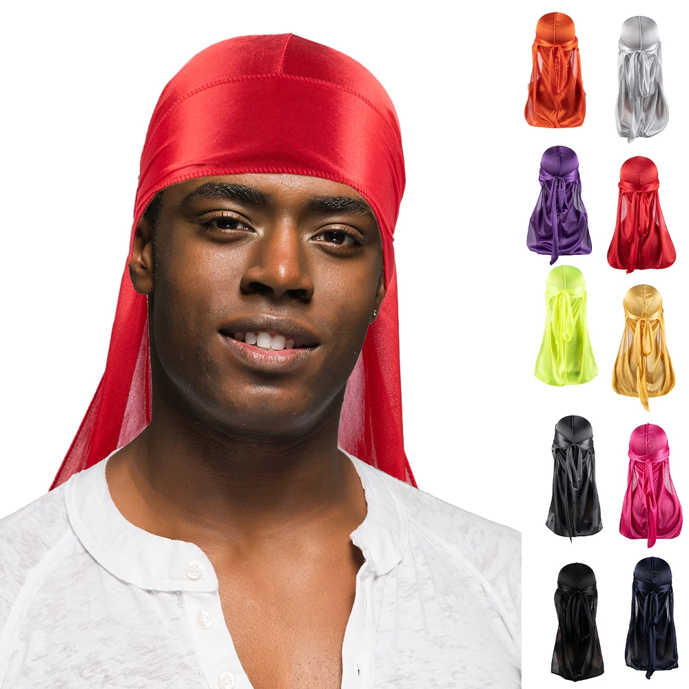 Solid Color Satin Durag, Soft Silky Stretch Headwrap for Men, Long Tail Wave Cap for Braids, Locs & Curly Hair, Fashion Hair Acc