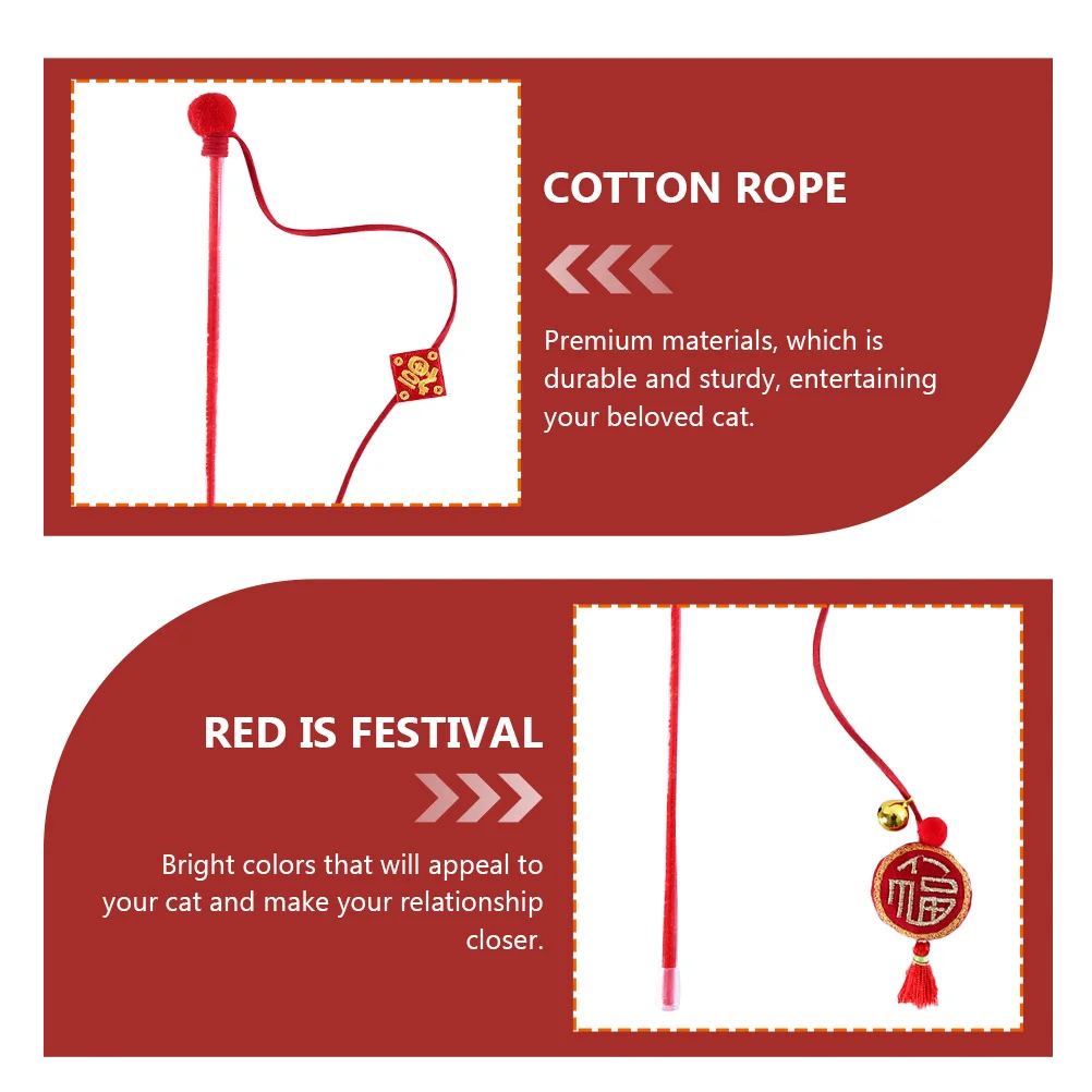 

2 Pcs New Year's Lucky Word Teasing Cat Stick Cute Pet Indoor for Stimulation Red