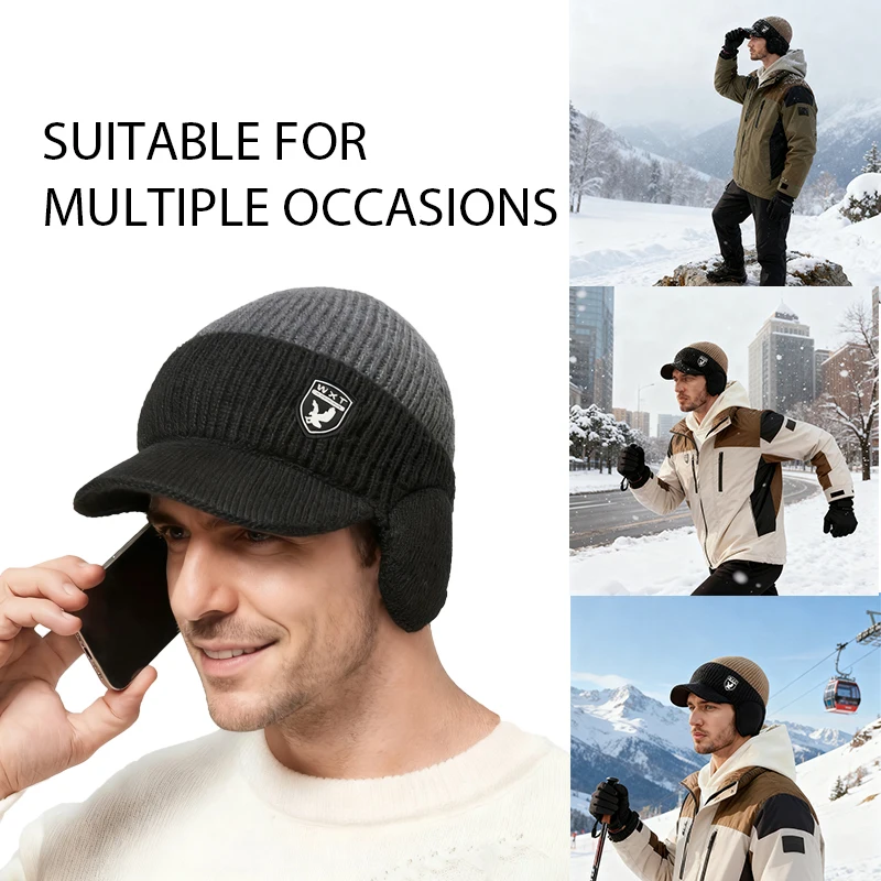 L●Mirror Men's Winter Fleece Lined Warm Ear Flap Beanie, Cold Resistant Windproof Protective Knit Hat for Cycling And Running