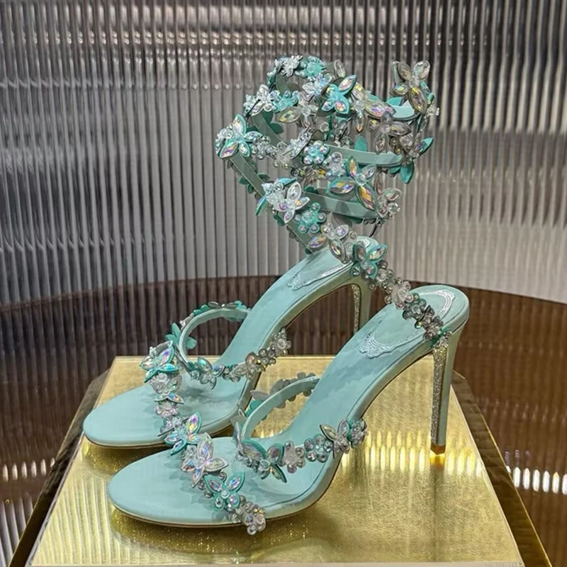 Sexy High Heels Sandals Women Rhinestone Flower Ankle Snake Shaped Winding Wedding Shoes Summer Stiletto Gladiator Sandalias