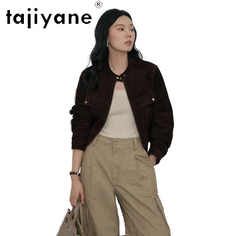 سترة من جلد الغنم الحقيقي من TAJIYANE معاطف نسائية أنيقة قصيرة من الجلد الطبيعي ملابس خارجية مميزة لخريف 2025 ملابس حريمي Frauengadı자켓