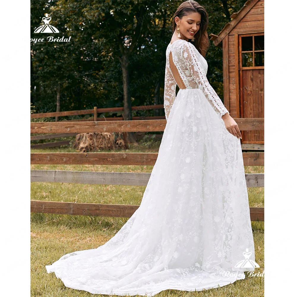 Roycebridal V Neck A Line Wedding Dress 2025 Lace Long Sleeves Court Train Wedding Gownvestido de novia manga larga elegantegeli