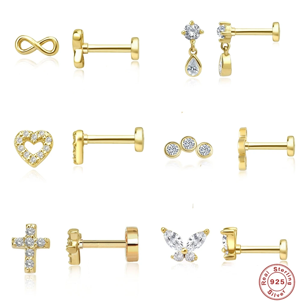 

AIDE 1PC 925 Sterling Silver Zircon Flat Head Threaded Piercing Earring For Women Korea INS DIY Ear Bone Earring Fine Jewelry