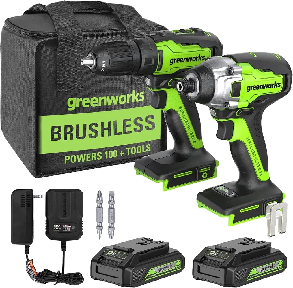 

24V Brushless Drill / Impact Driver Combo Kit, (2) 1.5Ah USB Batteries and Charger,LED Light, 2pcs Driving Bits with Tool Bag