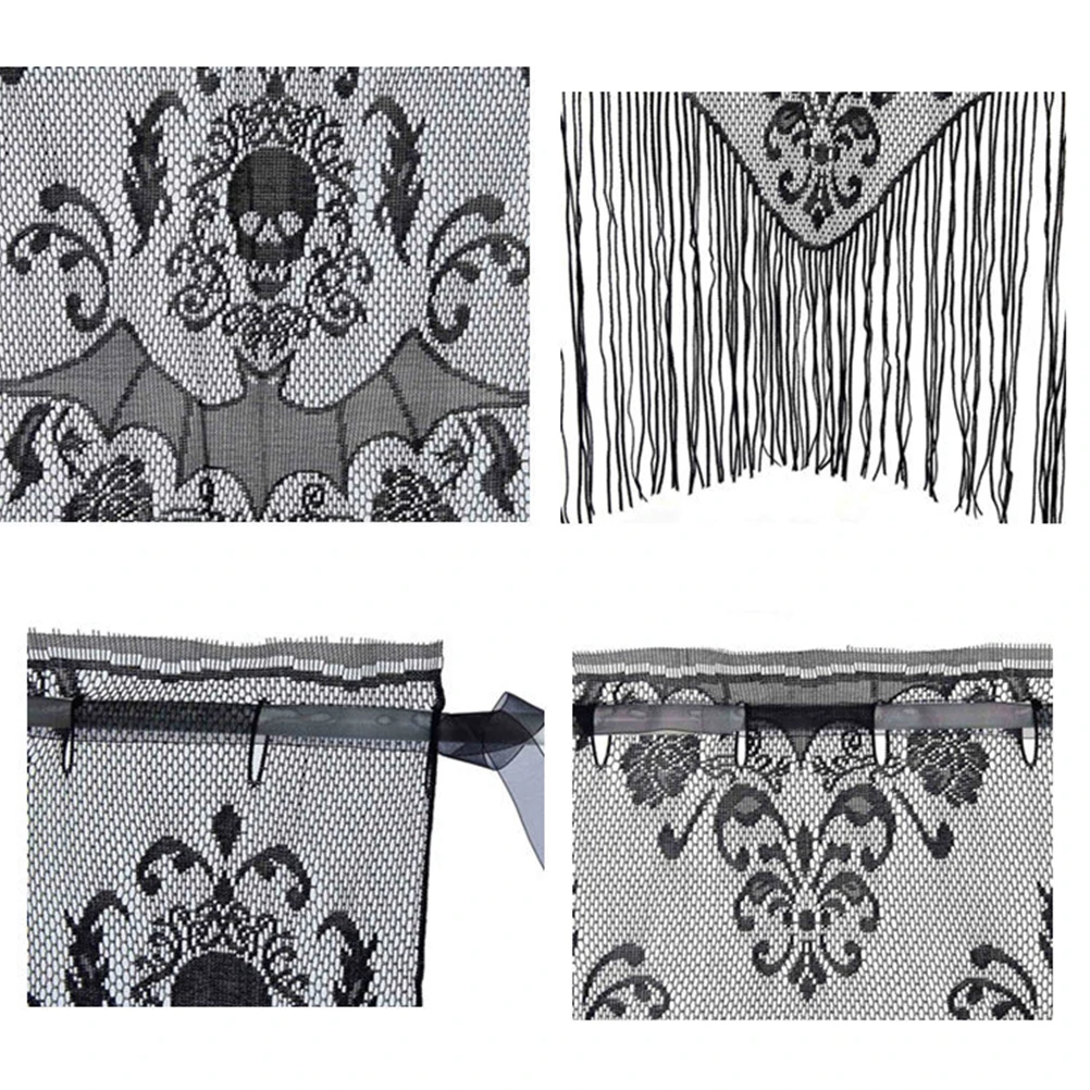 

Skull Tassel Curtains Black Sheer Halloween Banner Reusable Indoor Outdoor Decor Door Supplies Long String Easy Hang Lace