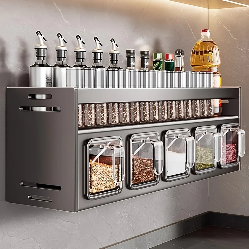 

Wall mounted kitchen spice rack storage set without drilling, with sealed containers and distributors, suitable for home use