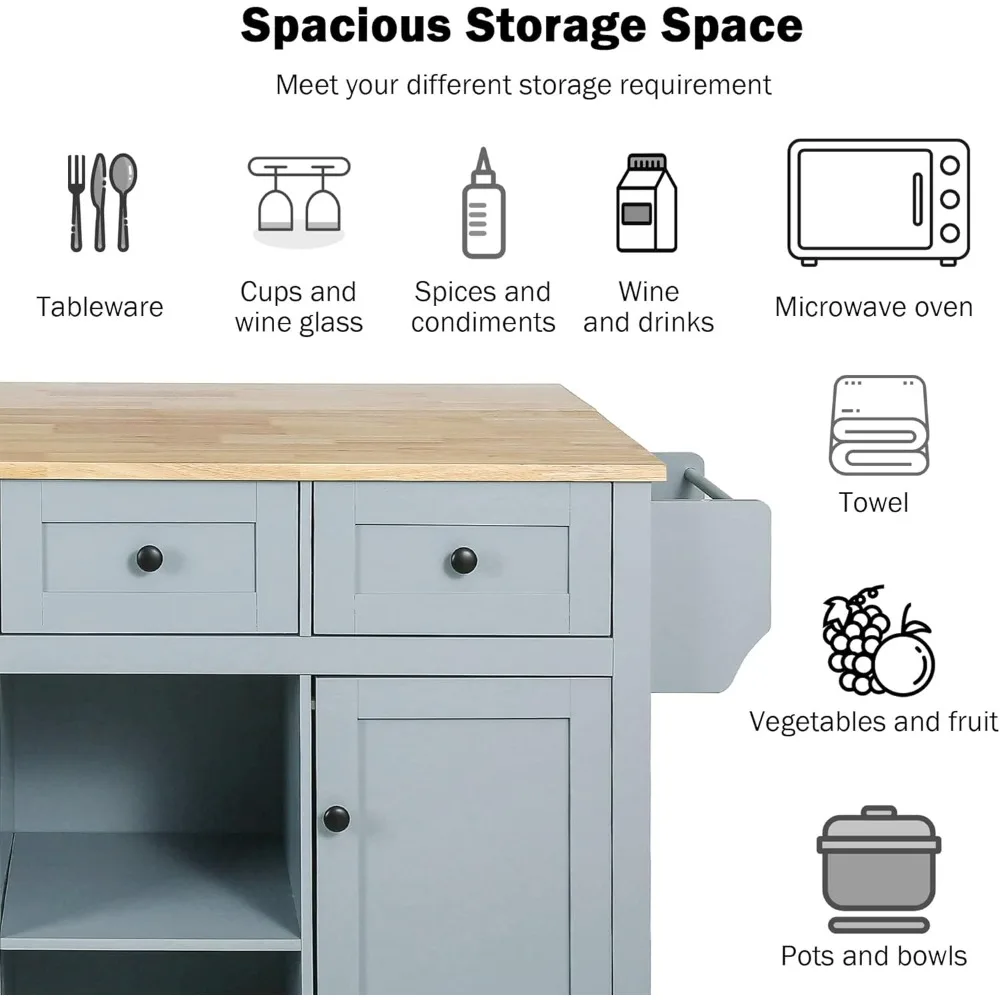 Kitchen Cart with Rubber Wood Drop, Leaf Countertop,Kitchen Island on5Wheels with Storage Cabinet and 3 Drawers for Dinning Room