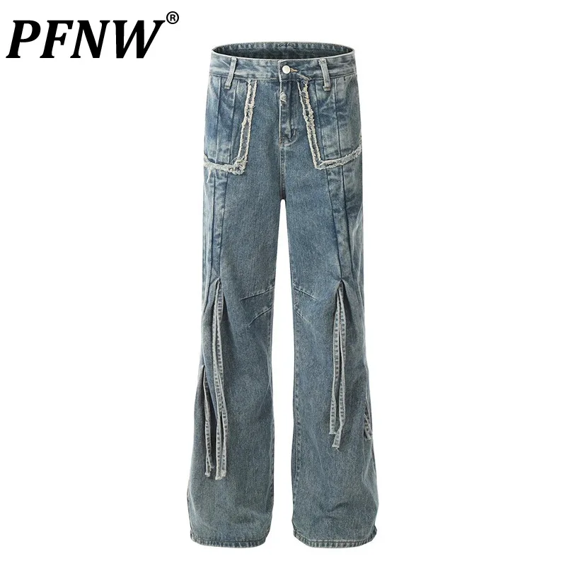 

PFNW Pesonalized Male Jeans Drawstring Pleated Design New Syulish Lace-up Bow Wide Leg Denim Pants 2024 Summer Men Trend 28W3508