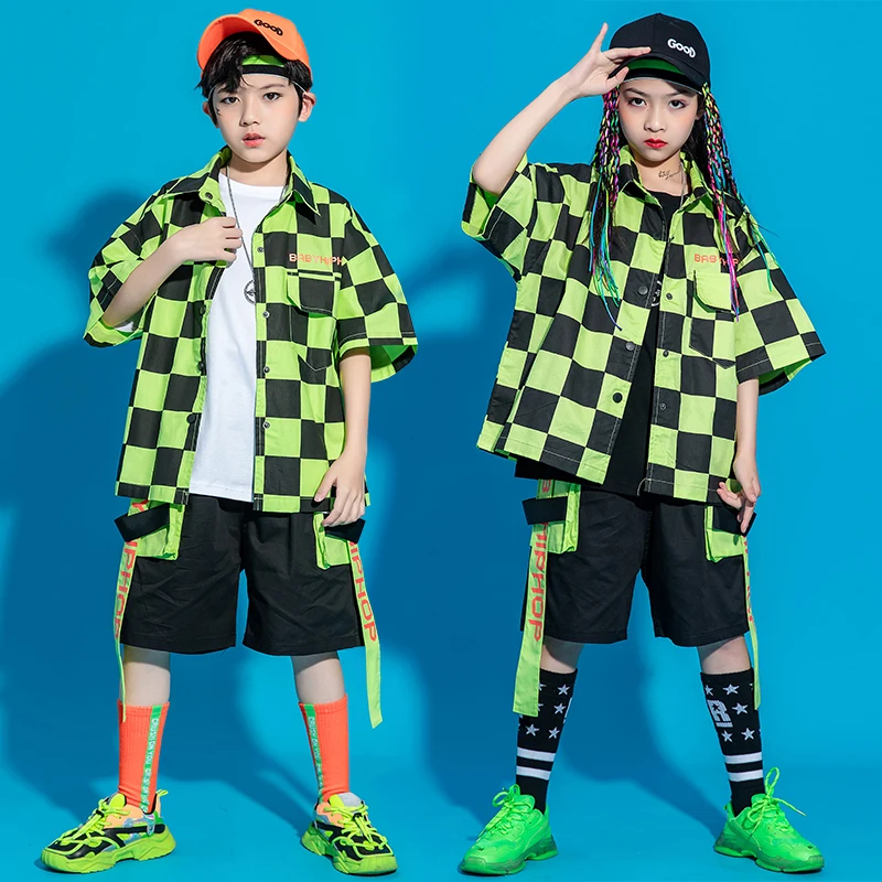 Kid Hip Hop Street ClothingCheckerboard T Shirt Stage Wear Cargo Shorts Skirt for Girls Boys Jazz Dance Costume Clothes Singer