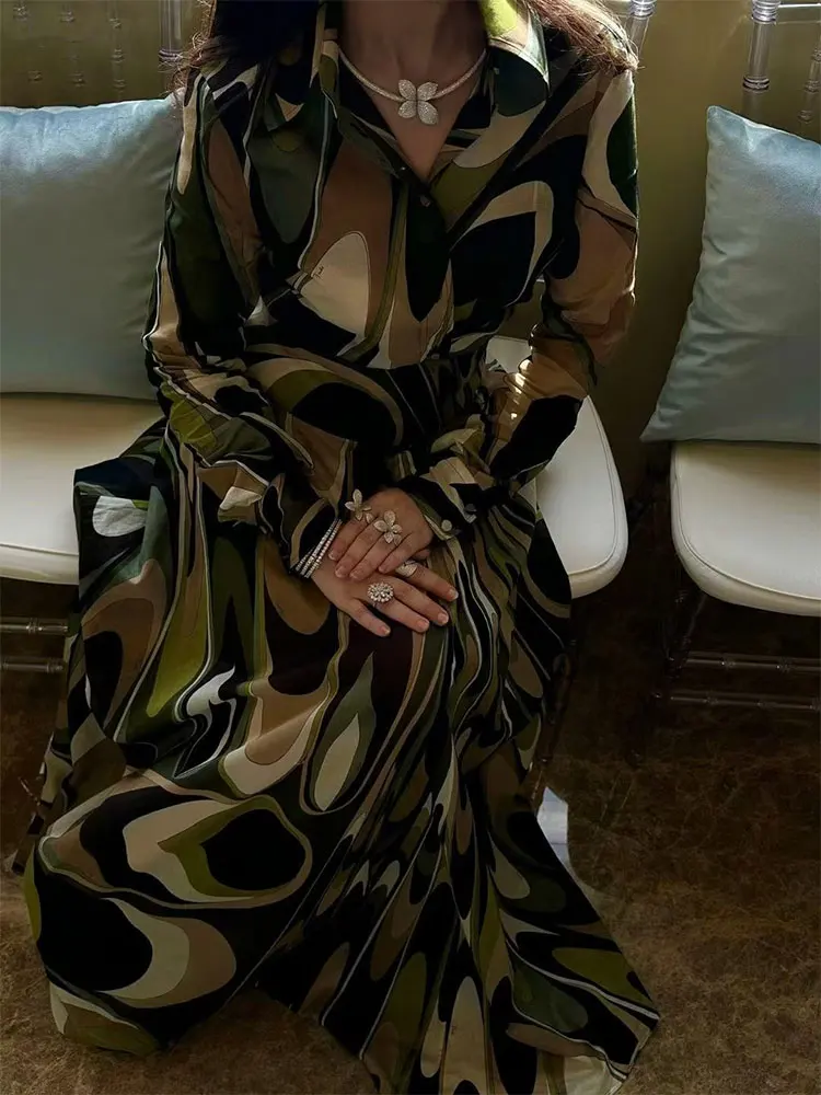 2026 Spring Women's New Lapel Single-breasted Long-sleeved Printed Shirt Two-piece+A-shaped Skirt Fashion Set with High Wa image 2