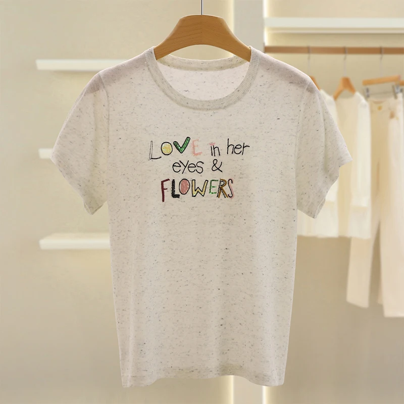 Suéter E de Malha Fina com Decote Redondo e Manga Curta Bordado com Letras Moda Fena Top de Outono Confortável Cor...