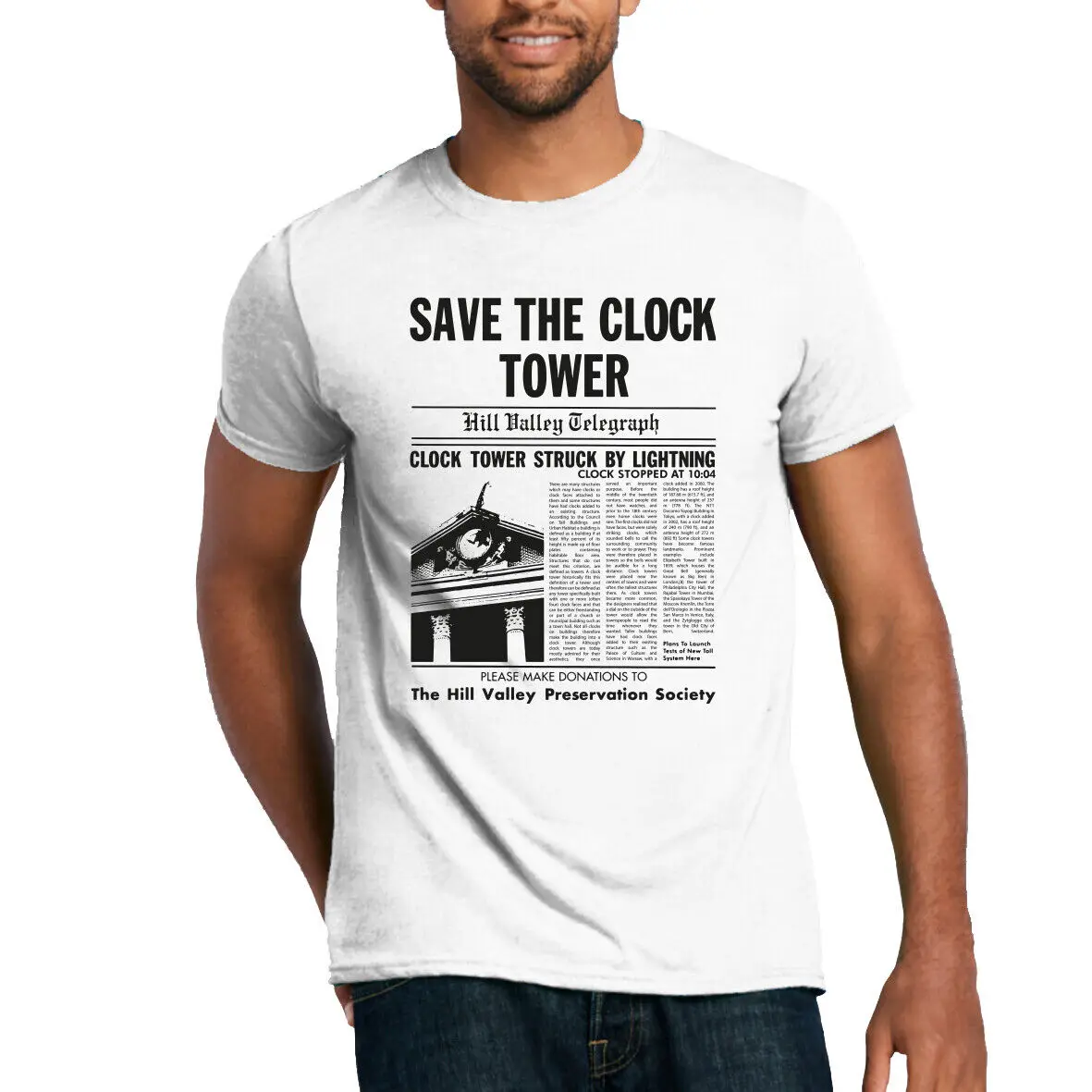 Save The Clock Tower T Shirt Back To Future Newspaper Movie Prop Print