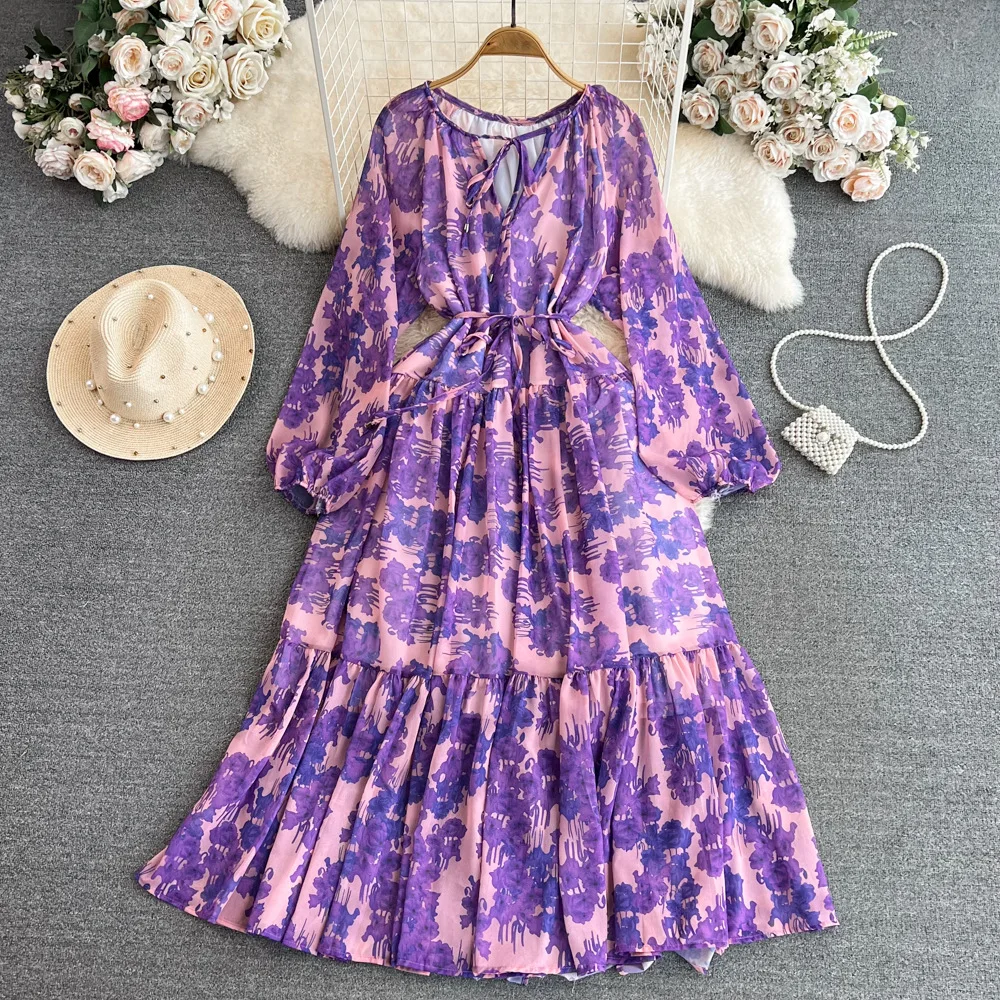 UNI rétro imprimé fleuri pansement robe élégante a-ligne lanterne manches décontracté à lacets taille haute robe femmes été