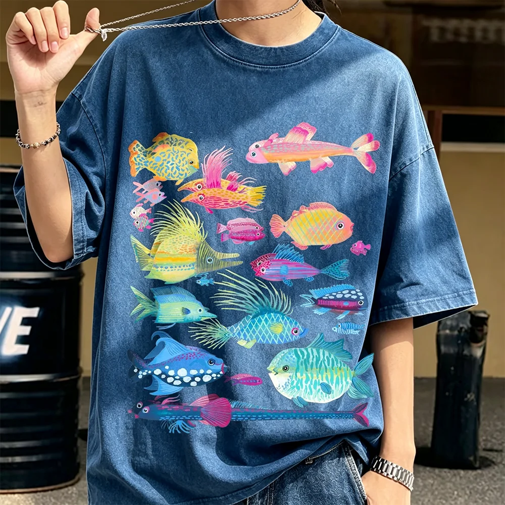 Vintage Washed Denim T‑Shirt Men Women Tropical Fish Graphic Print Short Sleeve O‑Neck Loose Fit Tees Retro Ocean Casual Tops