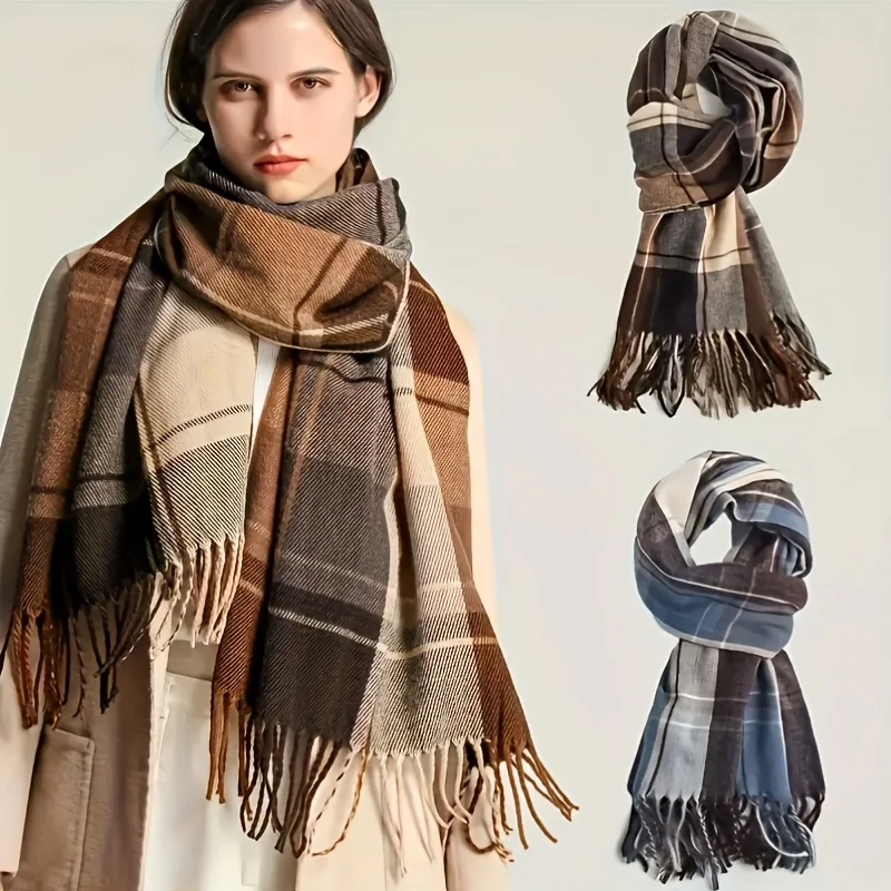 Bufanda retro a cuadros para mujer - Accesorio de invierno de moda 2025, chal para mujer, bufanda de moda para mujer, bufanda para mujer
