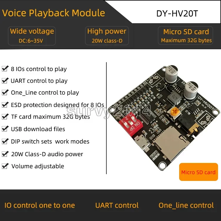 DY-HV20T 12V/24V power supply10W/20W Voice playback module supporting Micro SD card MP3 music player for Arduino