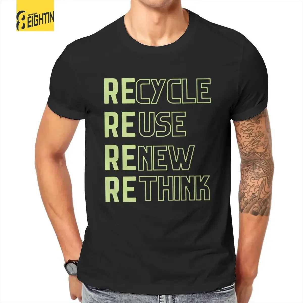 Casual Recycle Reuse Renew Rethink Crisis Environmental Activism T-Shirts Men Round Neck Pure Cotton T Shirt  Short Sleeve Tees