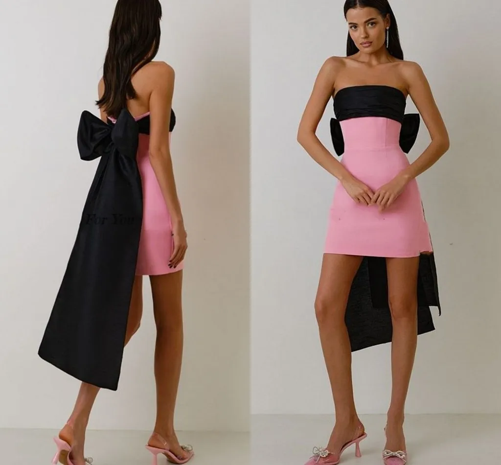 

2023 Sexy Sheath Short Prom Party Dress Strapless Big Black Bow Satin Pageant Evening Graduation Gown Robe De Soiree