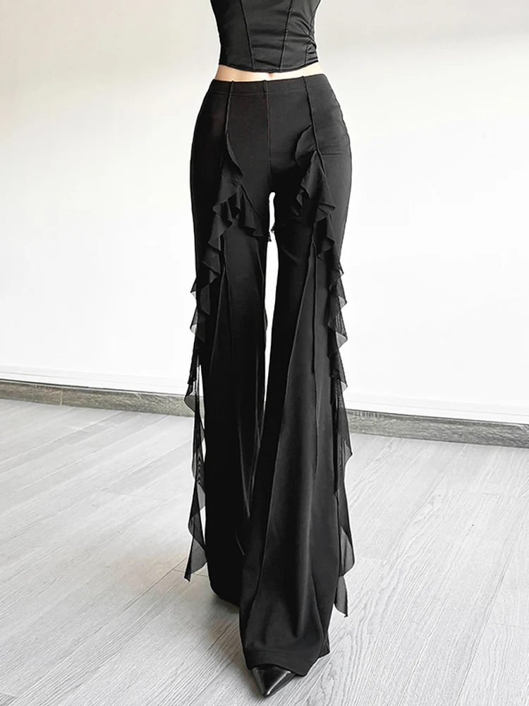 WEIRD PUSS 트렌디 밀레니엄 걸 캐주얼 팬츠 여성용 패셔너블 올매치 슬리밍 마이크로 플레어 팬츠 거즈 포함