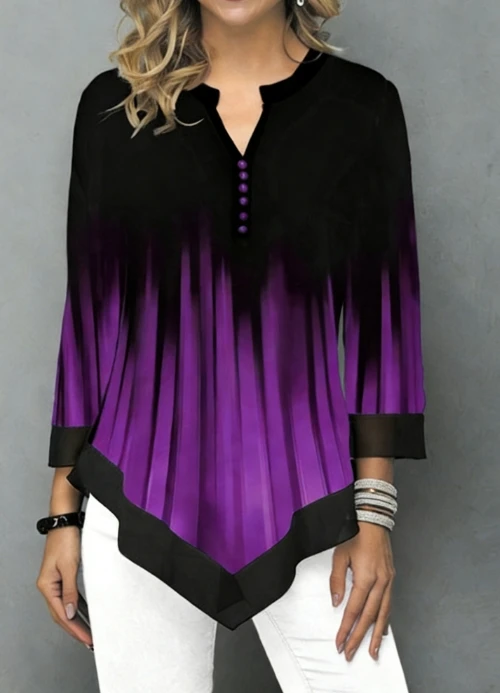 

Women's Spring Casual Ombre Pleated Tunic Top V-Neck and Long Sleeves Lightweight Chiffon Fabric Top