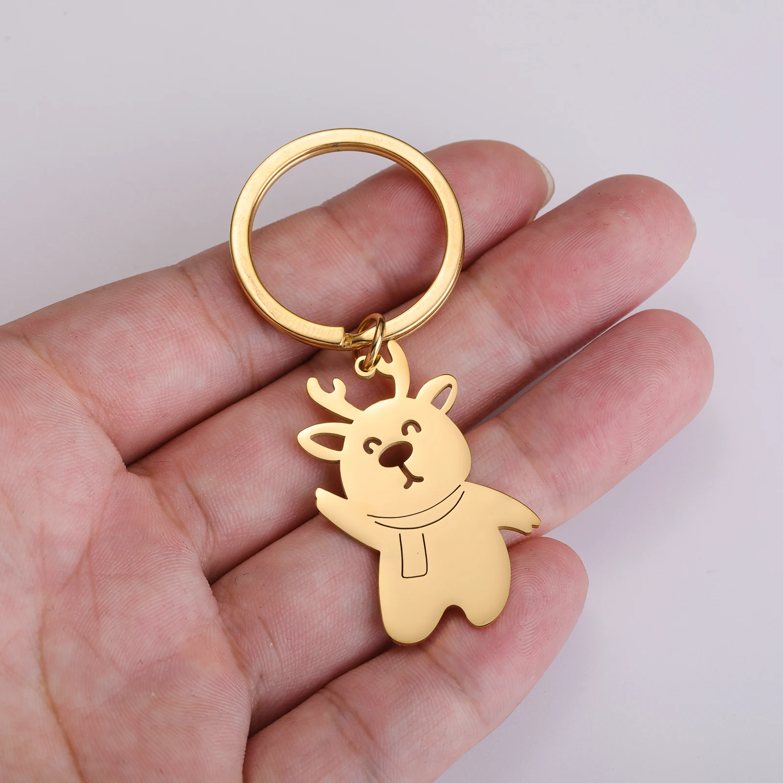 Teamer Christmas Scarf Deer Stainless Steel Keychain Gold Color Cute Animal Pendant Key Chain for Women Men Couple Jewelry Gift