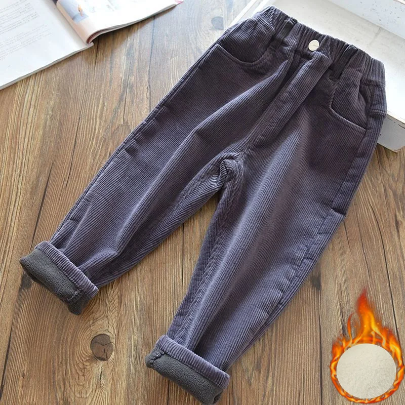 Velvet Lined Corduroy Kids Harem Pants Winter Elastic High Waist Warm Boys/Girls Pantalones Baggy Thicken Plush Children Spodnie