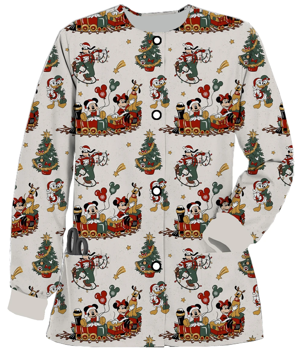 

2024 New Christmas Series Spring and Autumn Long Sleeve Disney Mickey Minnie Printed Women's Hospital Work Uniform