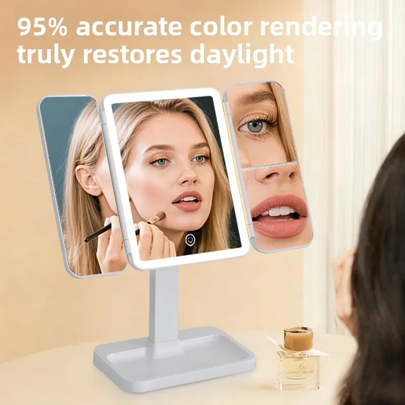 Deluxe led makeup mirror with lamp girl makeup mirror student dormitory desktop triple folding vanity mirror girl beauty mirror