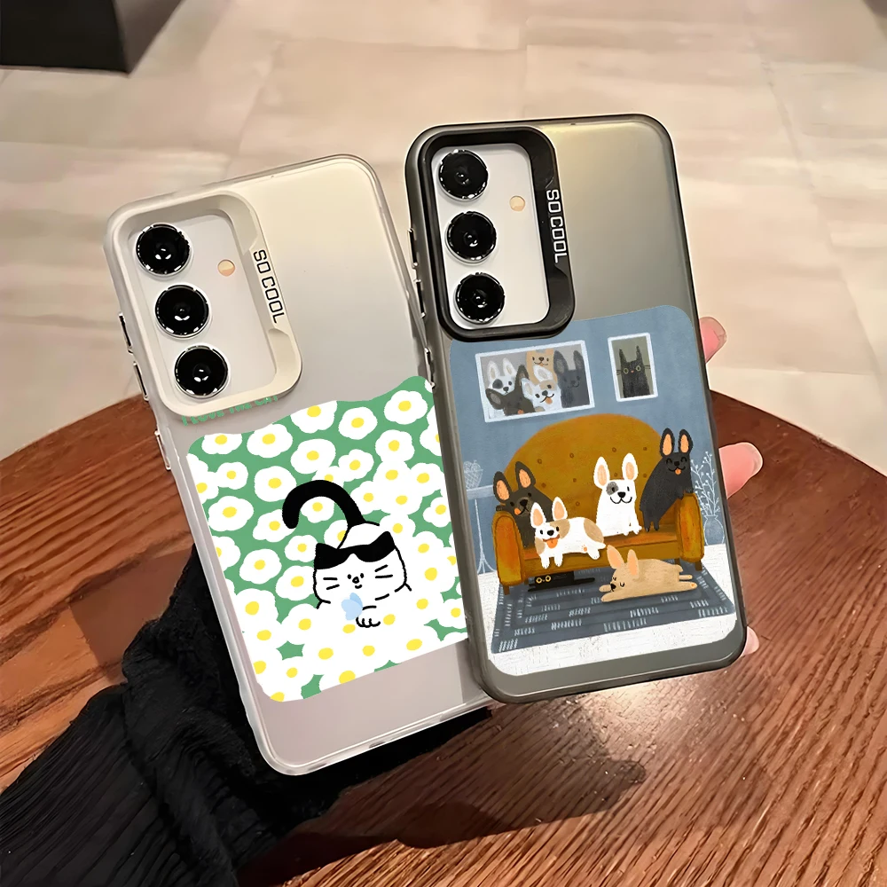 Silver IMD Case For Samsung A56 A36 A26 A24 A17 5G A16 A14 A12 A32 A50 A70 A22 A54 A52 5G A06 4G Cover Cartoon fresh style Cat