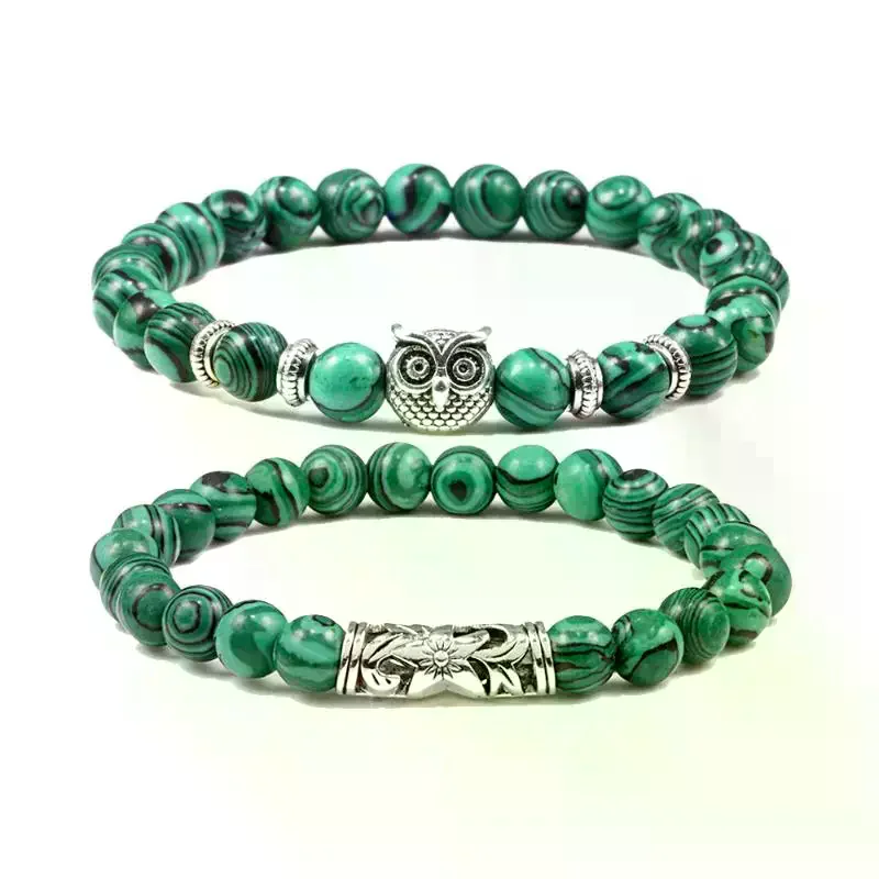 2Pcs Natural Stone Black Lava Tiger Eye Weathered Stone Wristband Charm Strand Jewelry Couples Distance Owl Beaded Bracelets