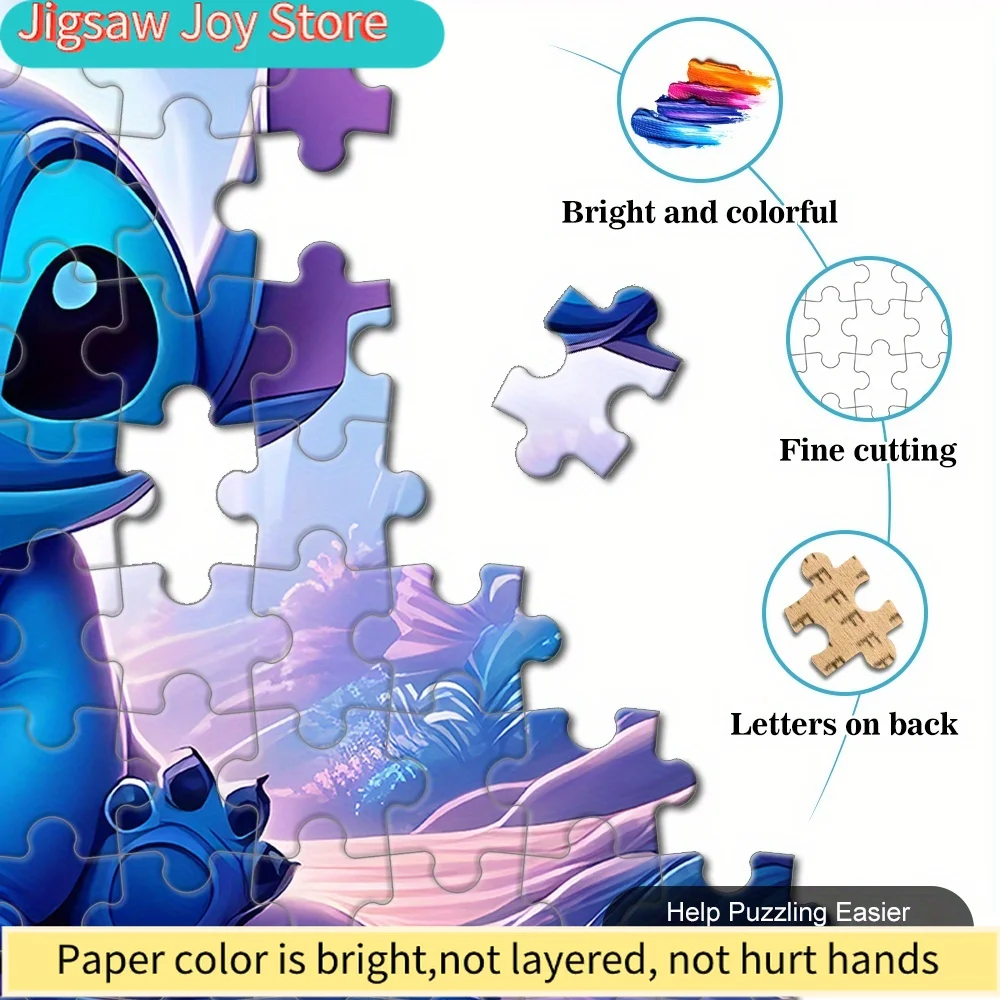 1000-delige Stitch puzzel - Grote puzzel uitdaging met Stitch in blauw & paarse tropische bos scène, verdikte randen voor stabiele opstelling
