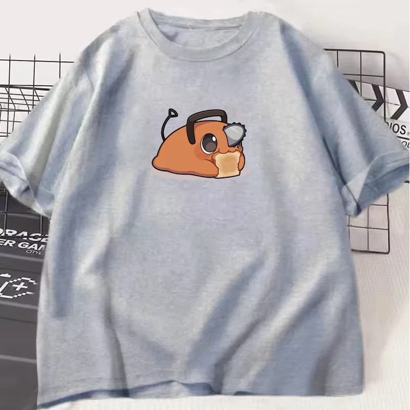 Hot Japanese Anime Pochita Eating Toast Pattern Unisex T-shirt Loose Casual Hip-hop Men Women Tee Trendy Urban Streetwear Shirts