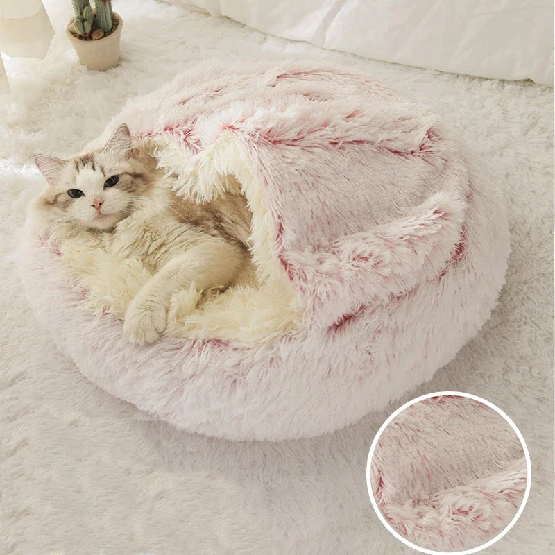 Winter Long Plush Pet Cat Bed Round Cat Cushion Cat House 2 In 1 Warm Cat Basket Cat Sleep Bag Cat Nest Kennel for Small Dog Cat