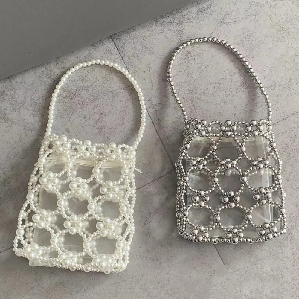

Portable Luxury Pearl Beaded Bag Hollow Out Bohemia Woven Bead underarm Bag with Inner Bag Handmade Small Phone Pouch Summer