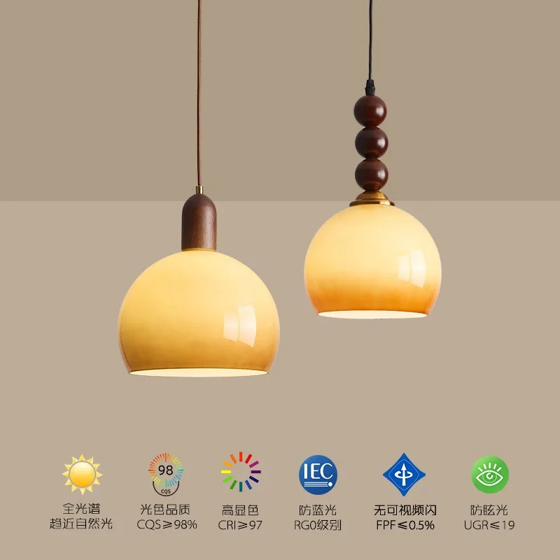 

French medieval style dining room bedside caramel color glass chandelier creative simple entrance aisle solid wood lamp