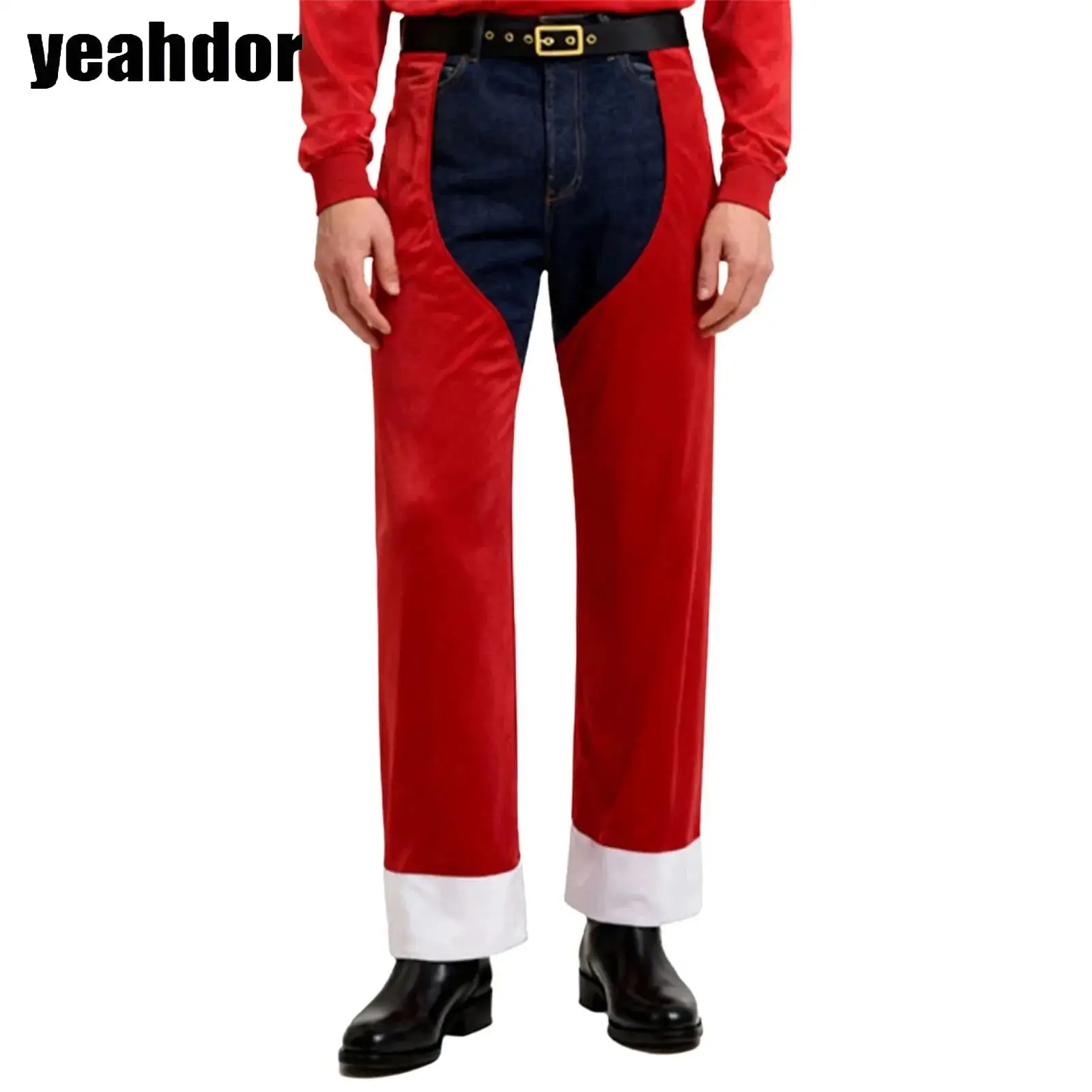 

Men Christmas Red Velvet Pants Tassel Open Crotch Pants Gothic Steampunk Chaps Elastic Waistband Contrast Color Trousers Clubwea